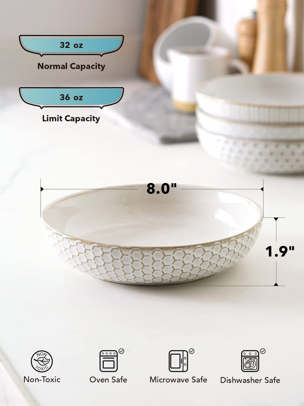 36 oz Ceramic Pasta Bowl Set of 4, Arctic White U487942