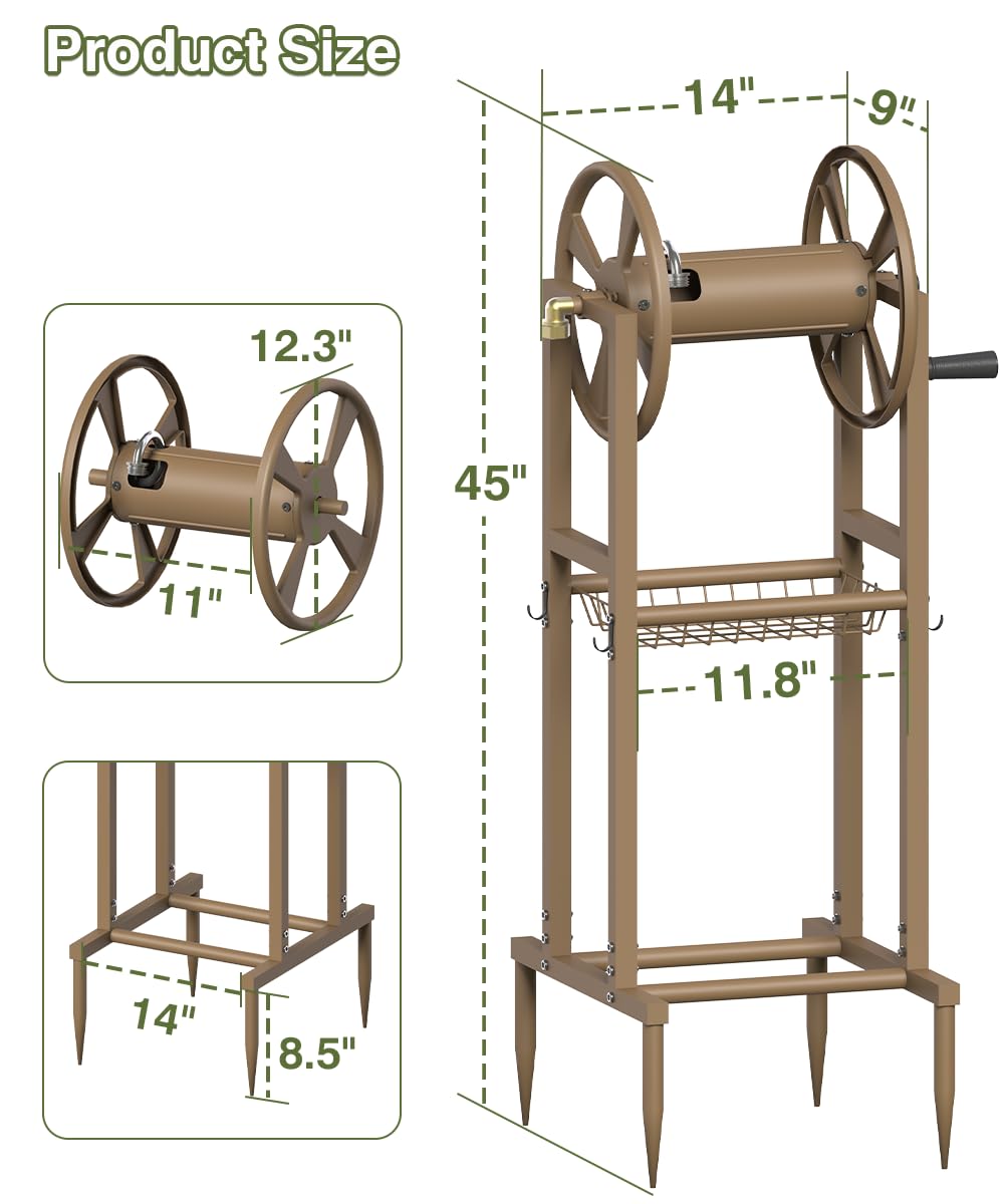 Freestanding 125ft Metal Hose Reel with 4 Hooks C2572