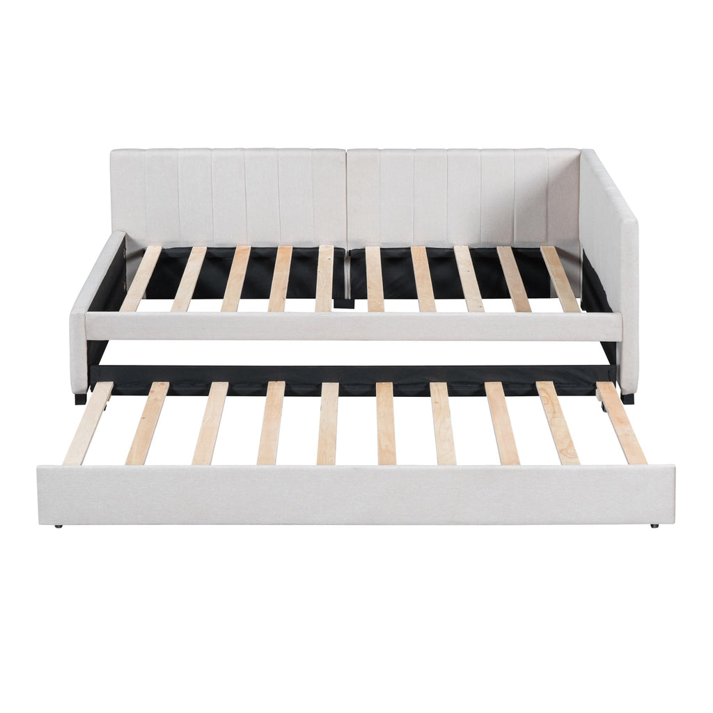 Beige Linen Twin Daybed with Pull-Out Trundle H921