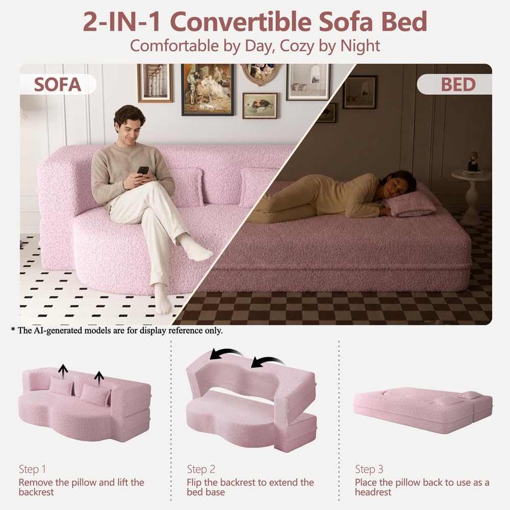 Pink Full Size Sherpa Futon Sofa Bed Y4585