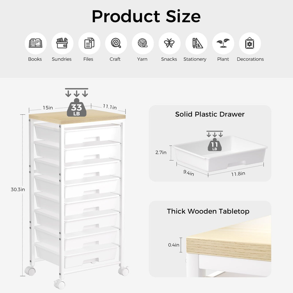 White 8 Drawer Rolling Storage Cart with Wooden Tabletop Q542