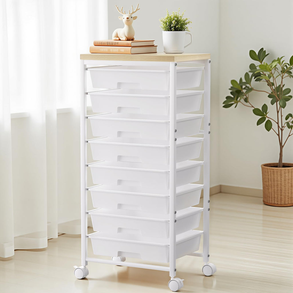 White 8 Drawer Rolling Storage Cart with Wooden Tabletop Q542