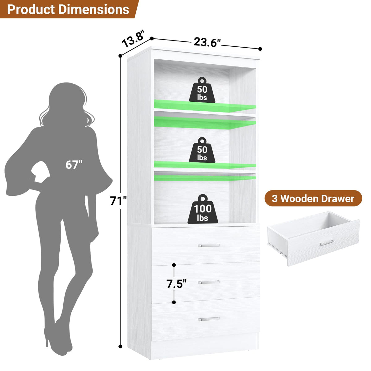 23.6" White Closet Drawers System with 3 Drawers Q509862