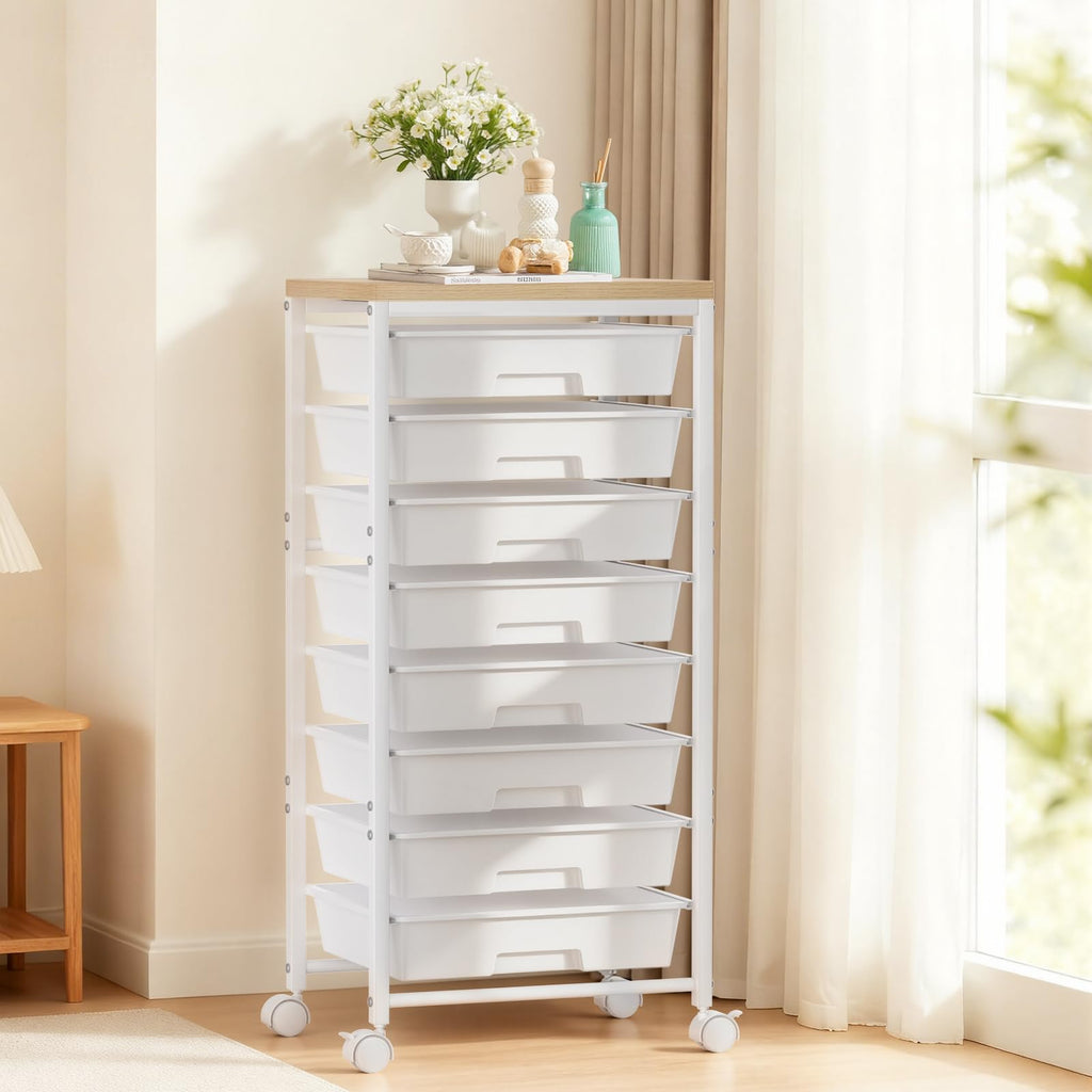 White 8 Drawer Rolling Storage Cart with Wooden Tabletop Q542