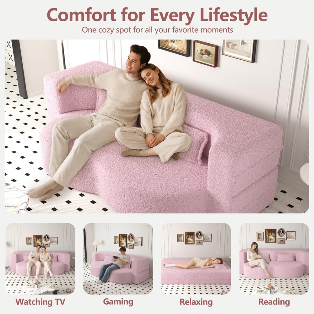 Pink Full Size Sherpa Futon Sofa Bed Y4585