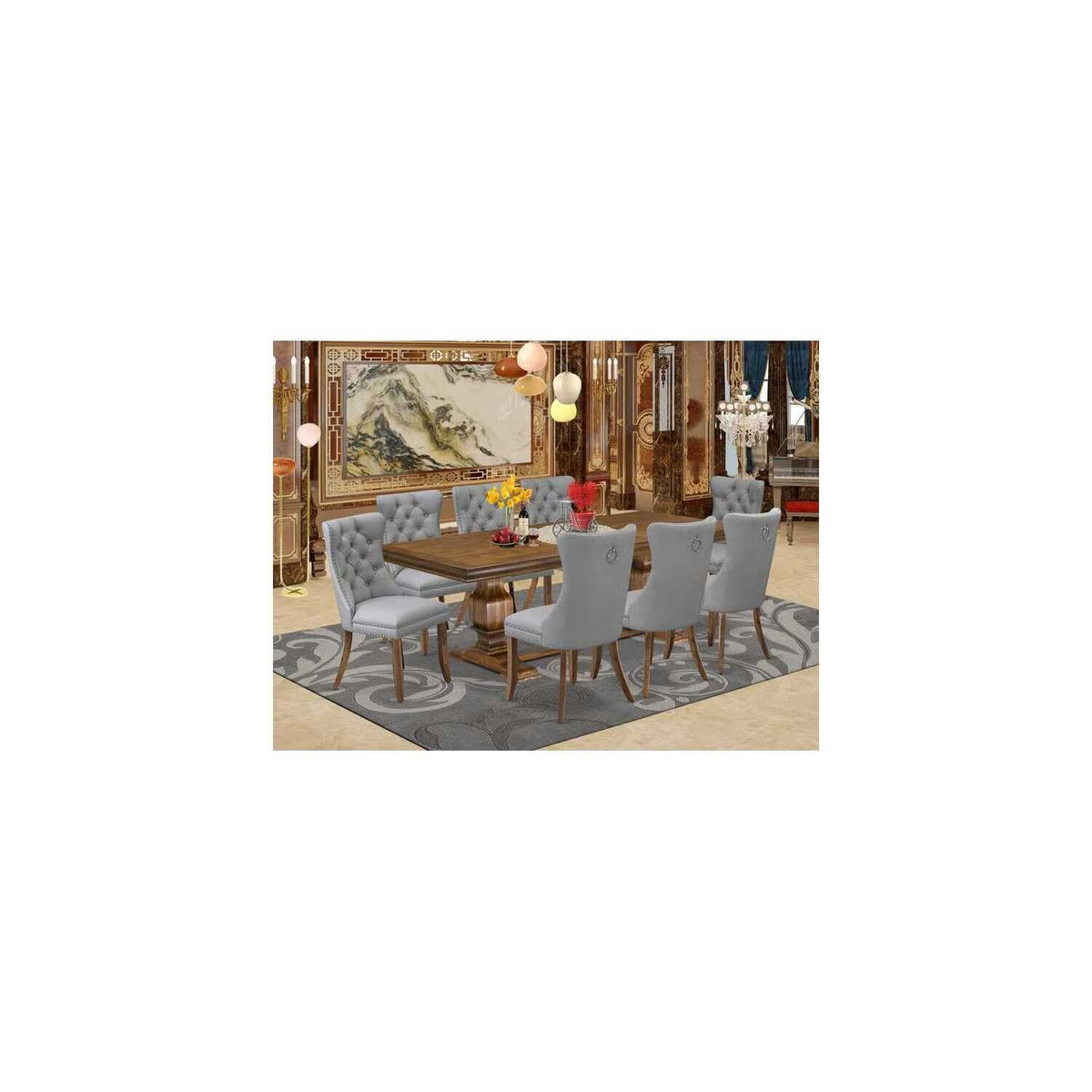 9 Piece Dining Table Set with 8 Light Gray Faux Leather Chairs T86184