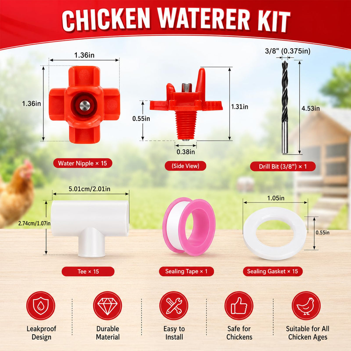 15 Pack Chicken Nipples Waterer with PVC Tee Fittings P5075