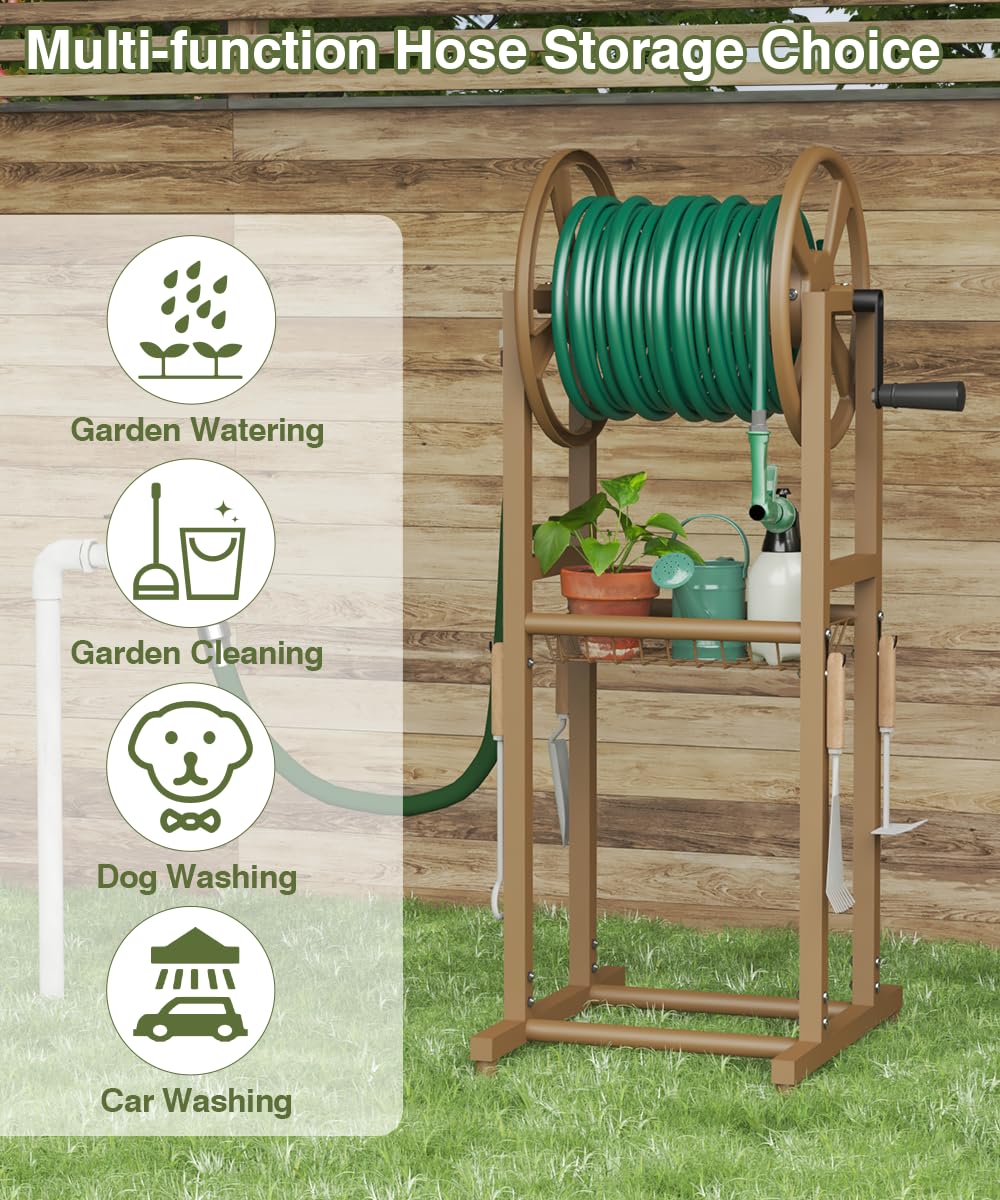 Freestanding 125ft Metal Hose Reel with 4 Hooks C2572