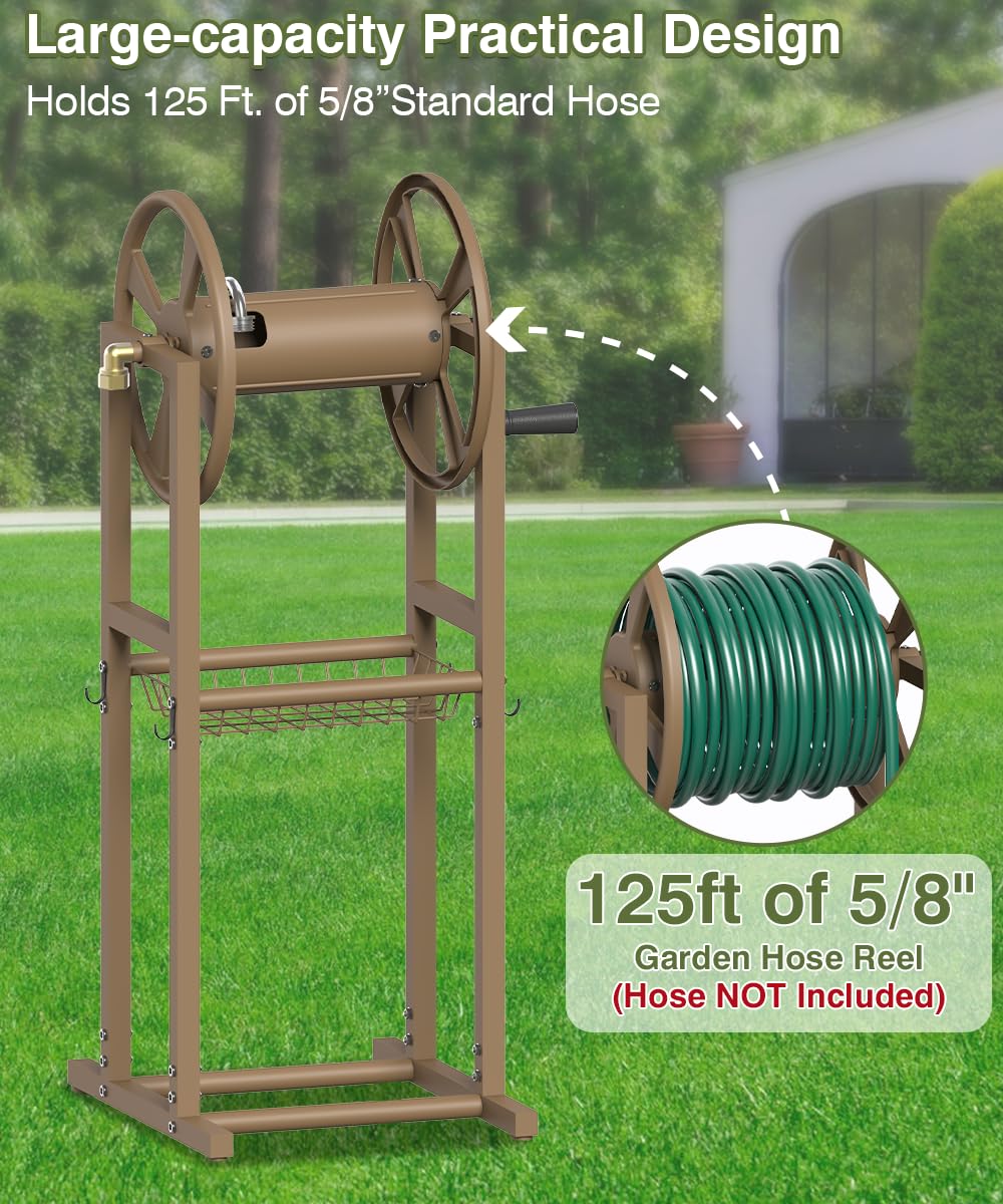 Freestanding 125ft Metal Hose Reel with 4 Hooks C2572