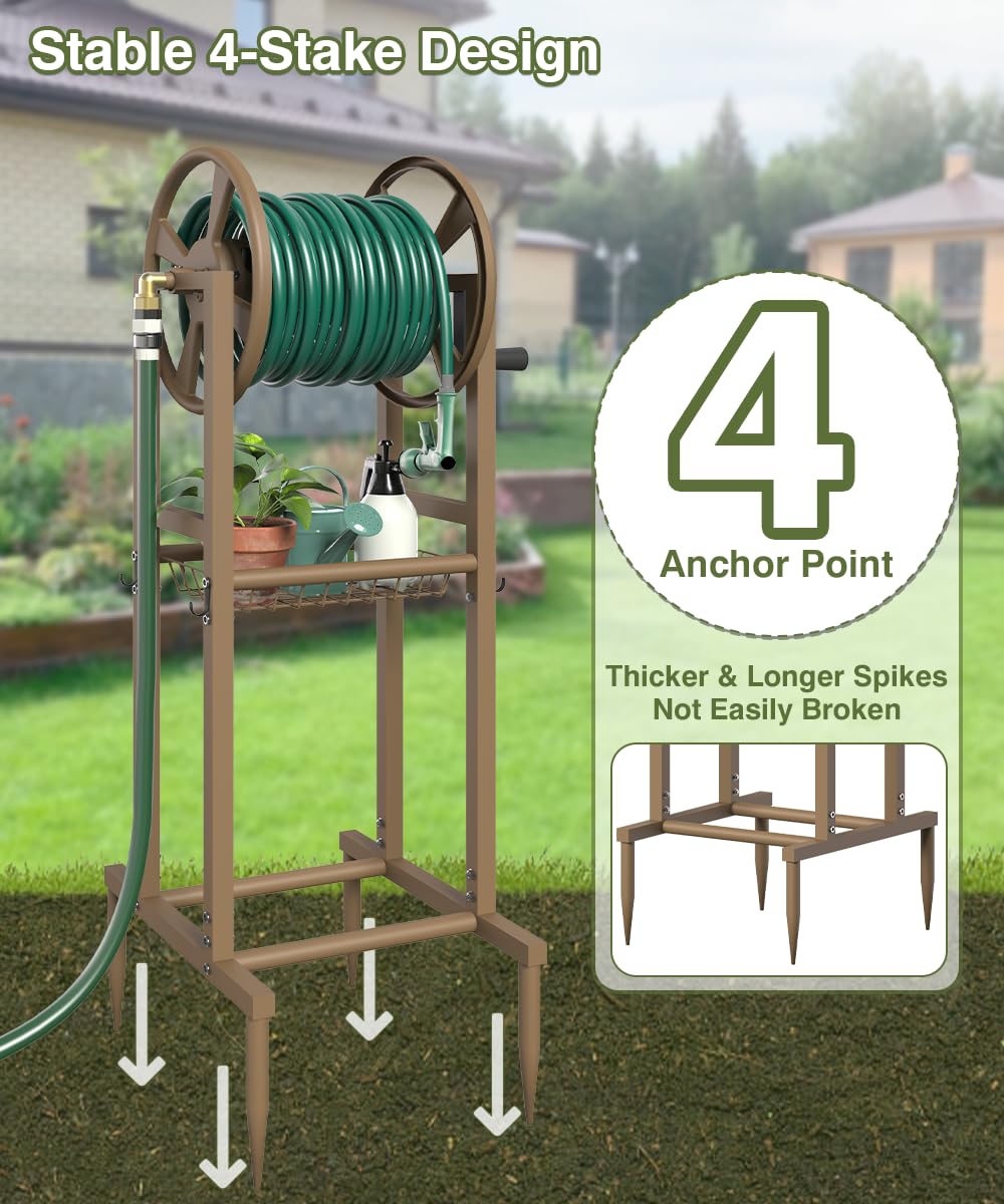 Freestanding 125ft Metal Hose Reel with 4 Hooks C2572