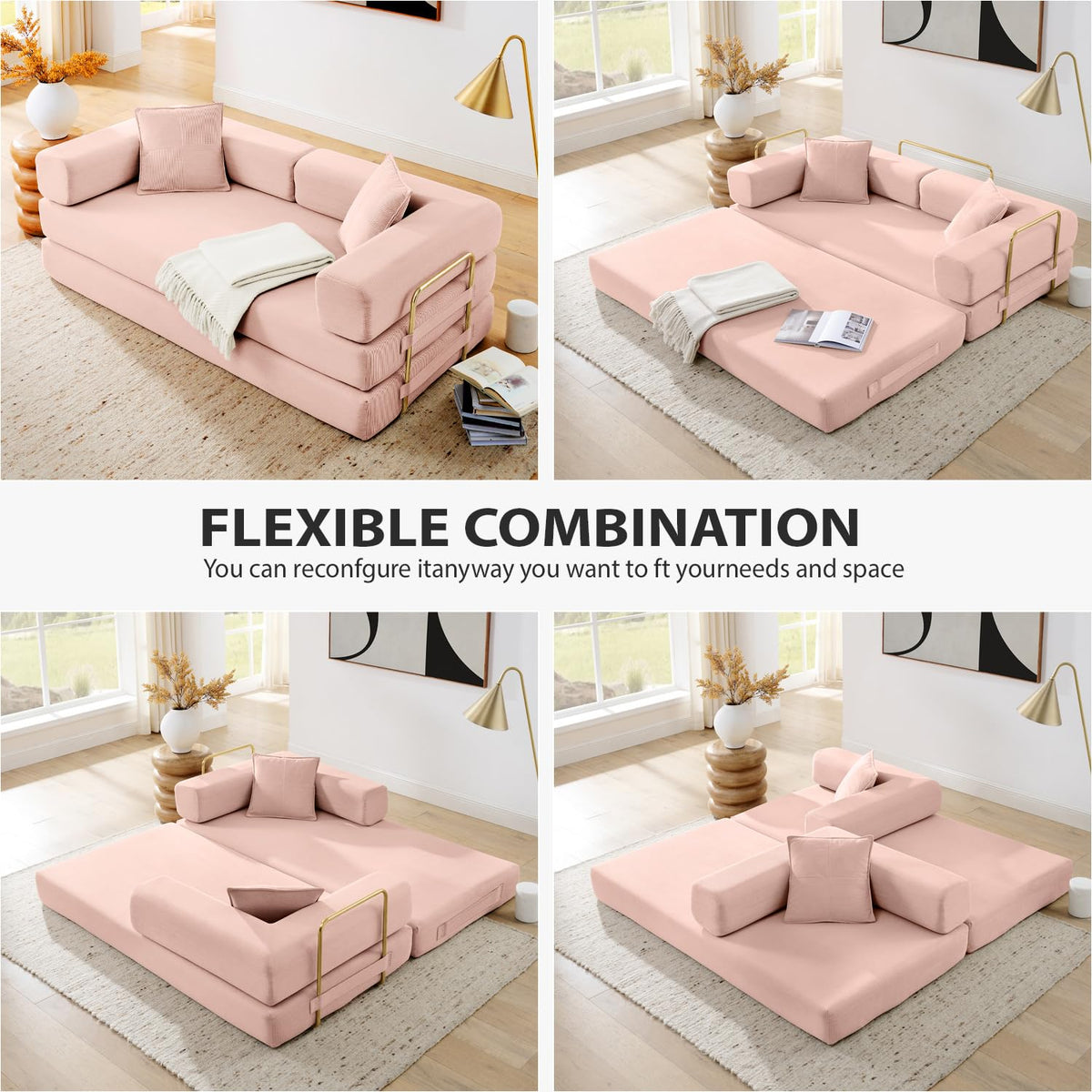 Pink Corduroy Convertible Sofa Bed X4052