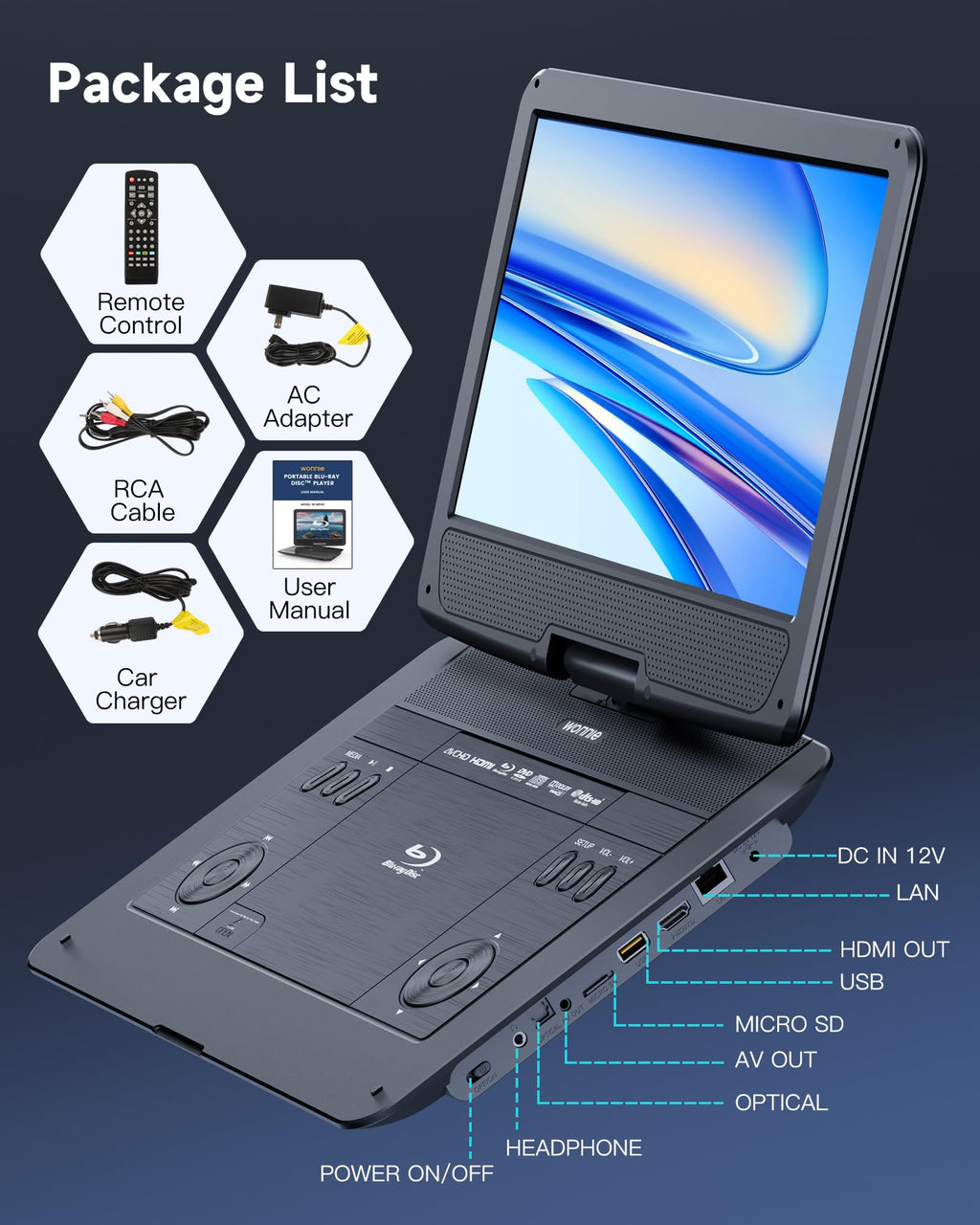 16.9" Portable Blu Ray Player with 14.1" 1080P Swivel Screen M1640