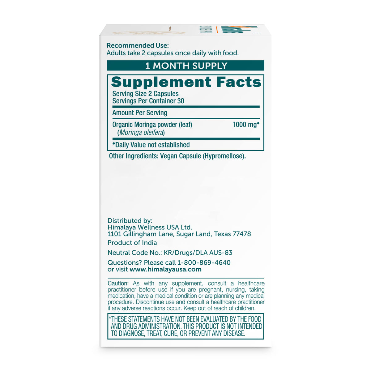 Organic Moringa 1000 mg 60 Capsules U183644