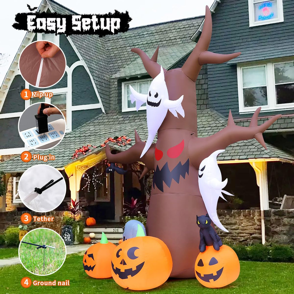 12 FT Halloween Inflatable Tree with Pumpkin Ghost Tombstone Built-in LEDs B3614