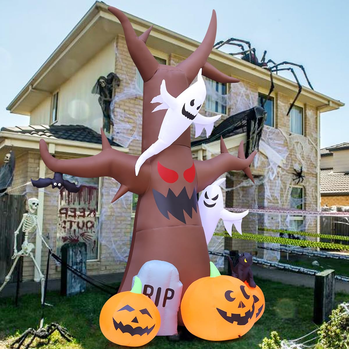 12 FT Halloween Inflatable Tree with Pumpkin Ghost Tombstone Built-in LEDs B3614