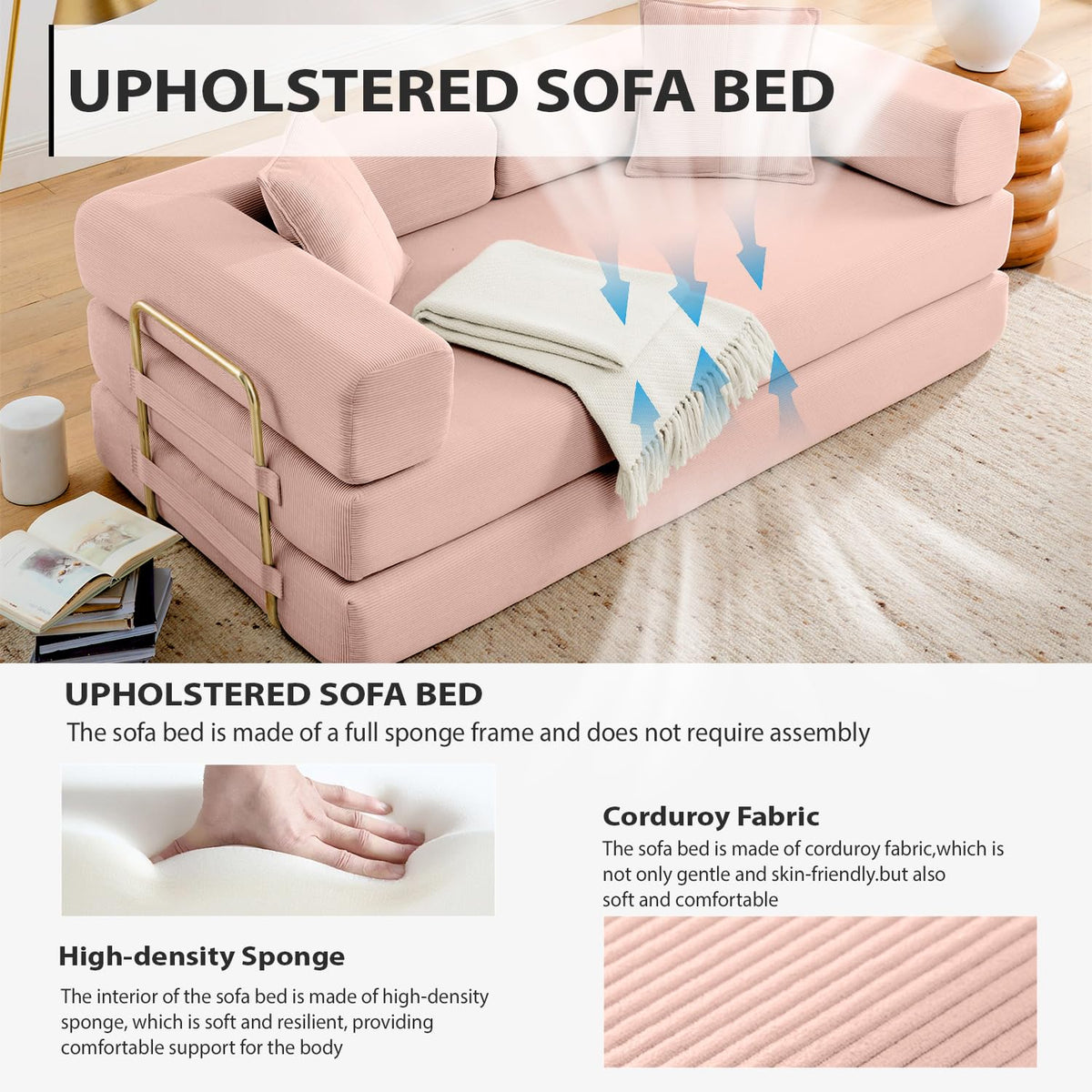 Pink Corduroy Convertible Sofa Bed X4052