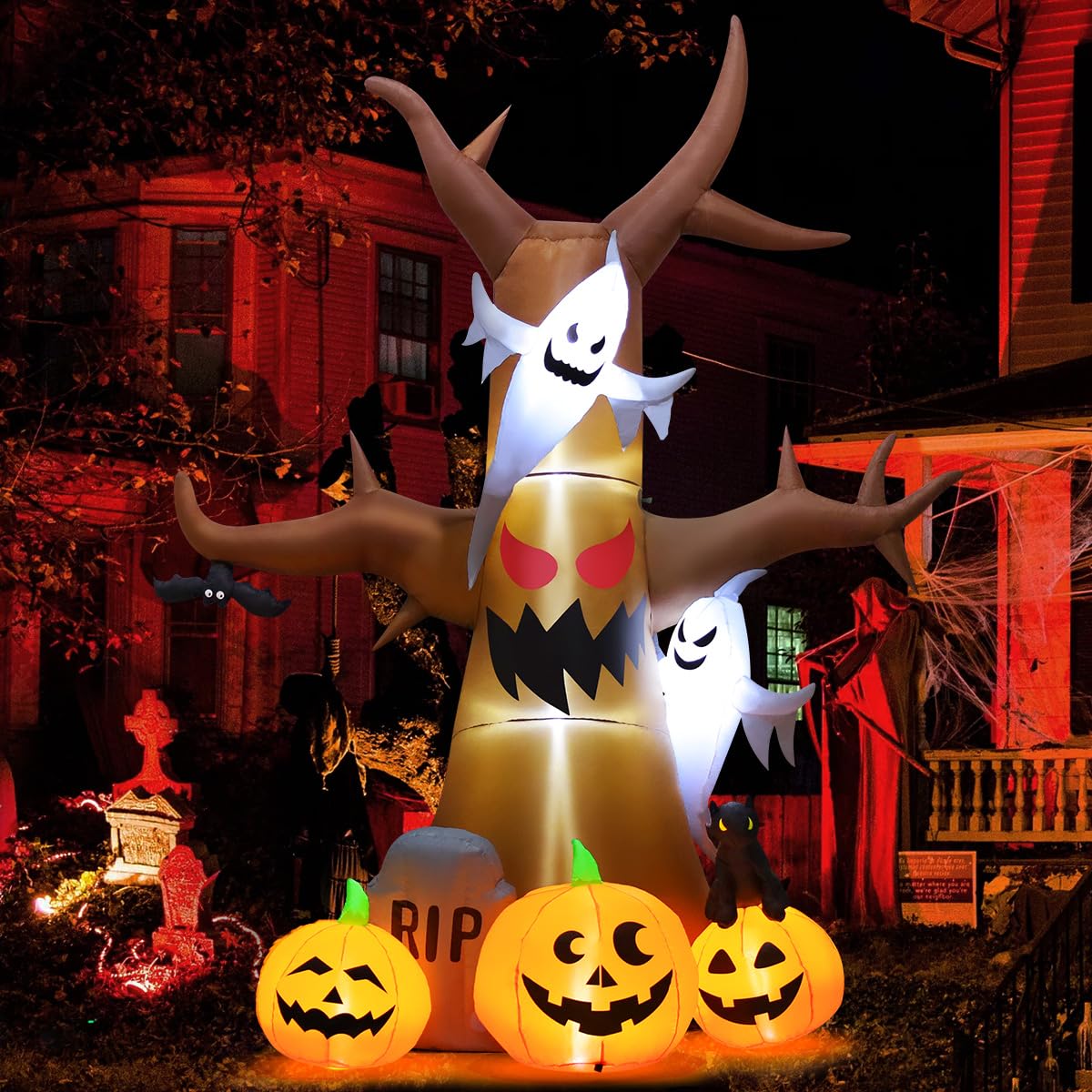 12 FT Halloween Inflatable Tree with Pumpkin Ghost Tombstone Built-in LEDs B3614