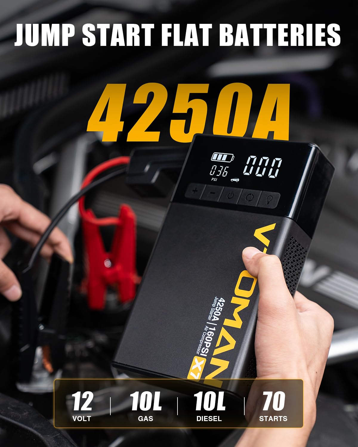 Jump Starter with Air Compressor, 160PSI Tire Inflator G877