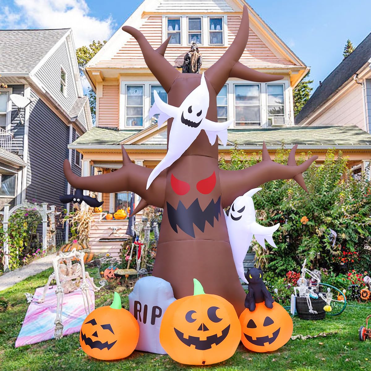 12 FT Halloween Inflatable Tree with Pumpkin Ghost Tombstone Built-in LEDs B3614