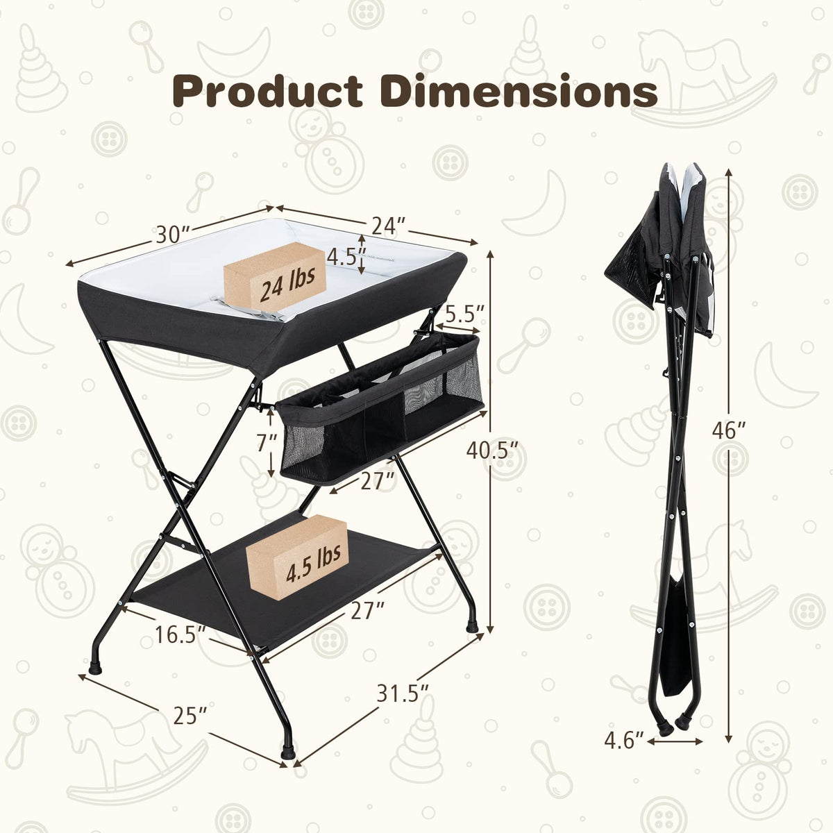 Portable Baby Changing Table with Safety Belt Black V5944