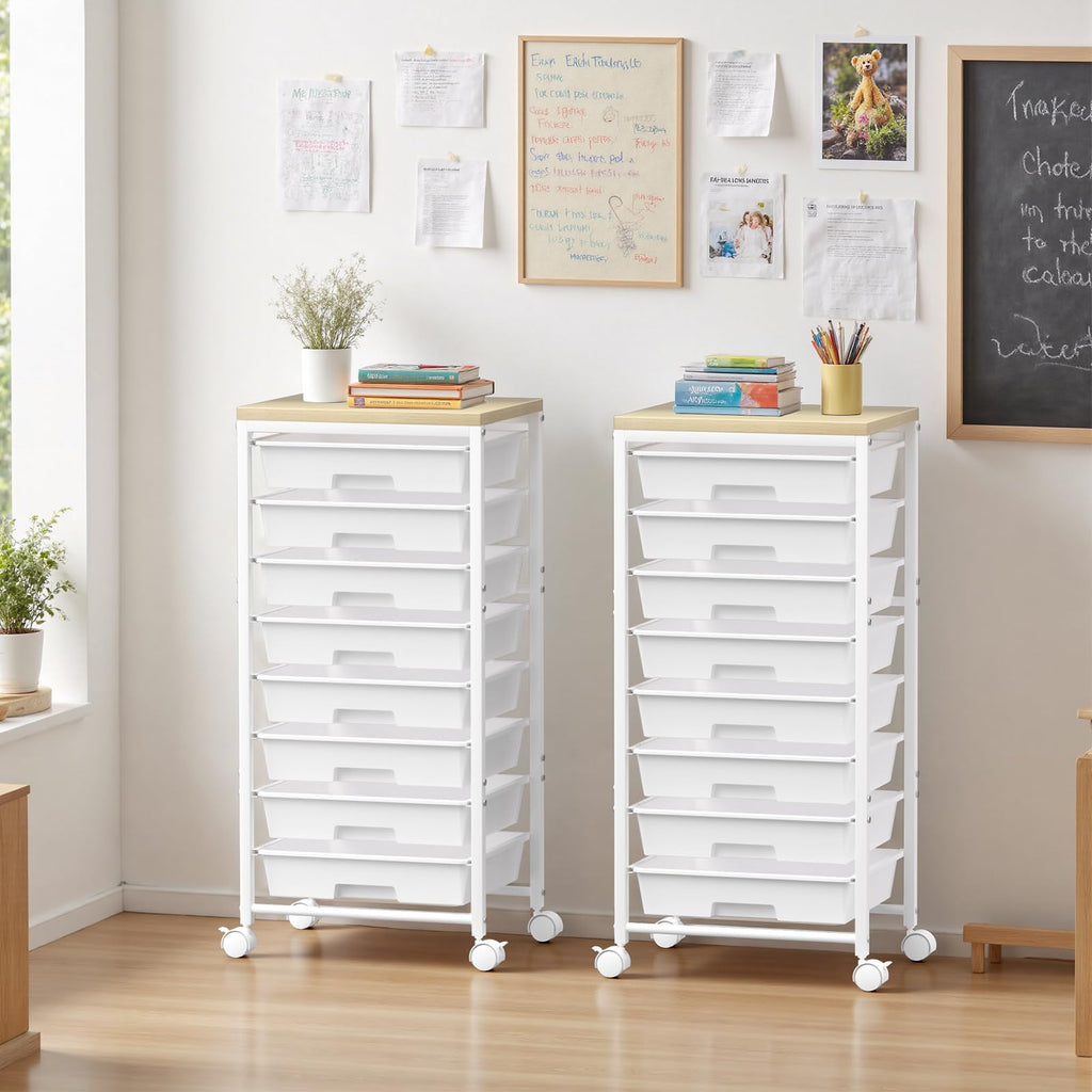White 8 Drawer Rolling Storage Cart with Wooden Tabletop Q542