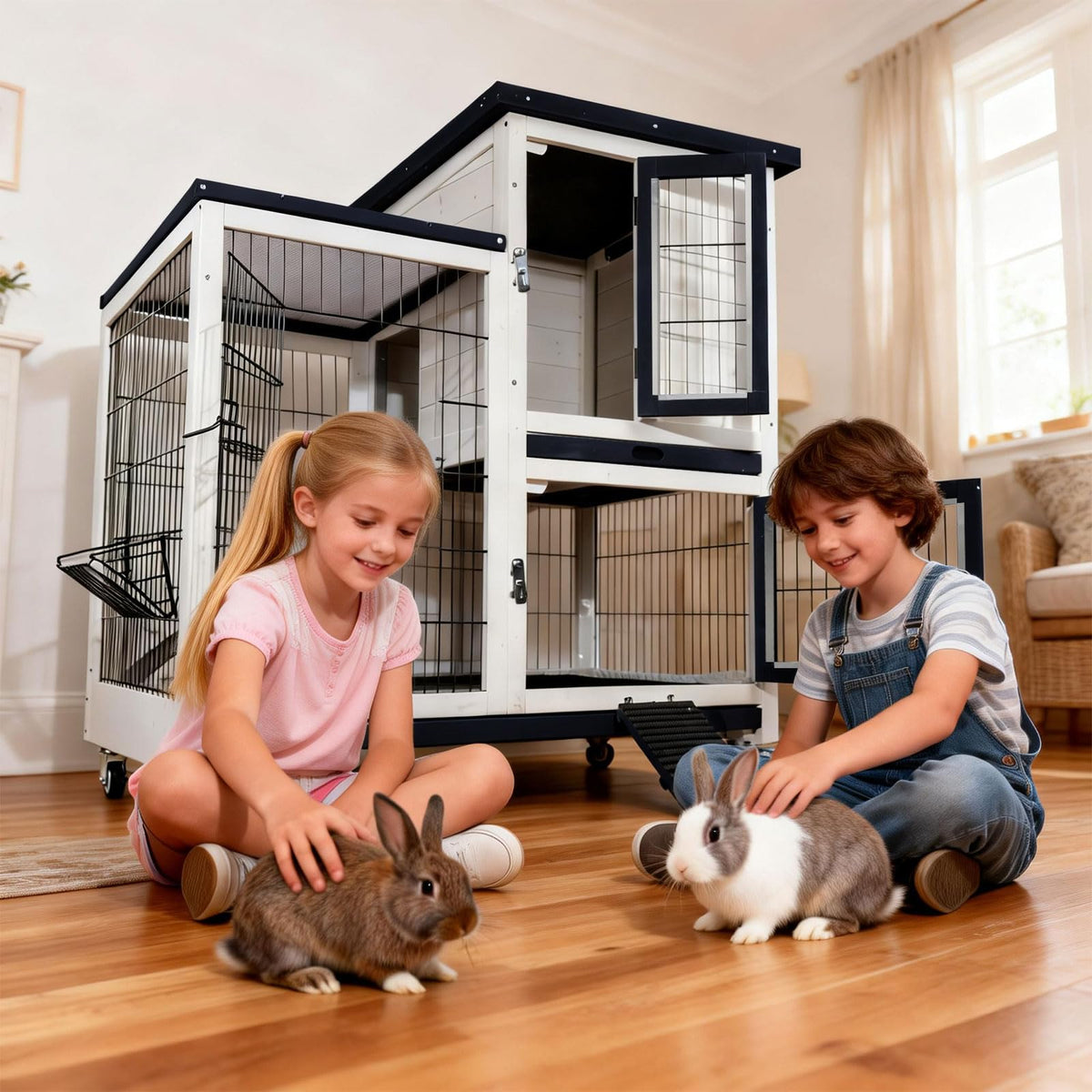2-Story Indoor Outdoor Rabbit Hutch with Dual Trays Y347519