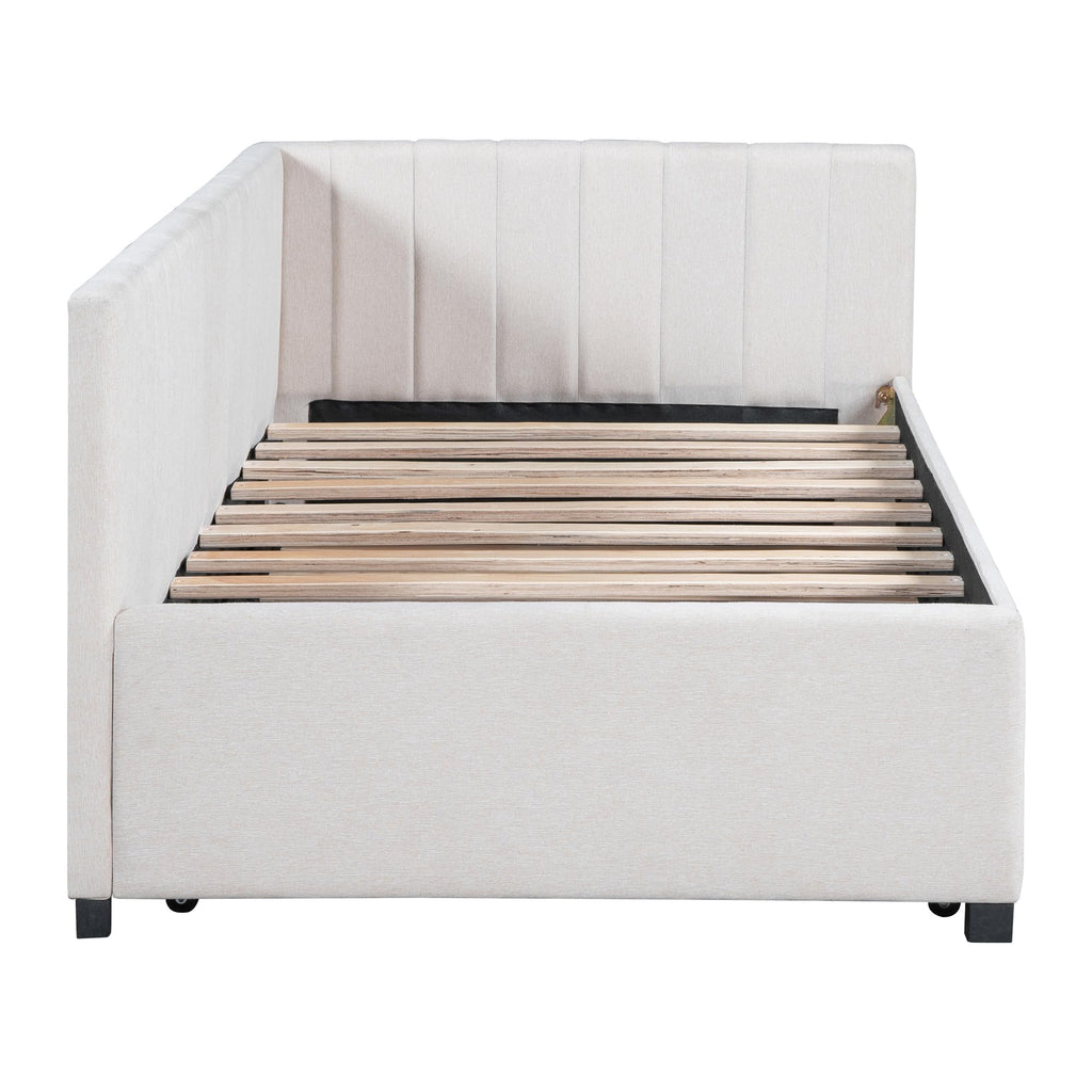 Beige Linen Twin Daybed with Pull-Out Trundle H921