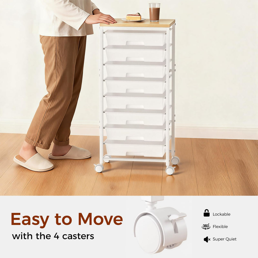 White 8 Drawer Rolling Storage Cart with Wooden Tabletop Q542