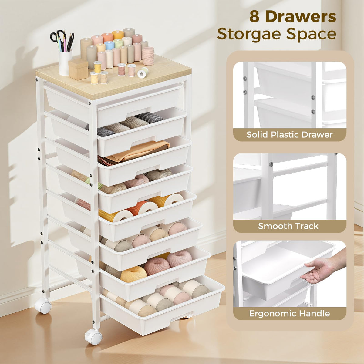White 8 Drawer Rolling Storage Cart with Wooden Tabletop Q542