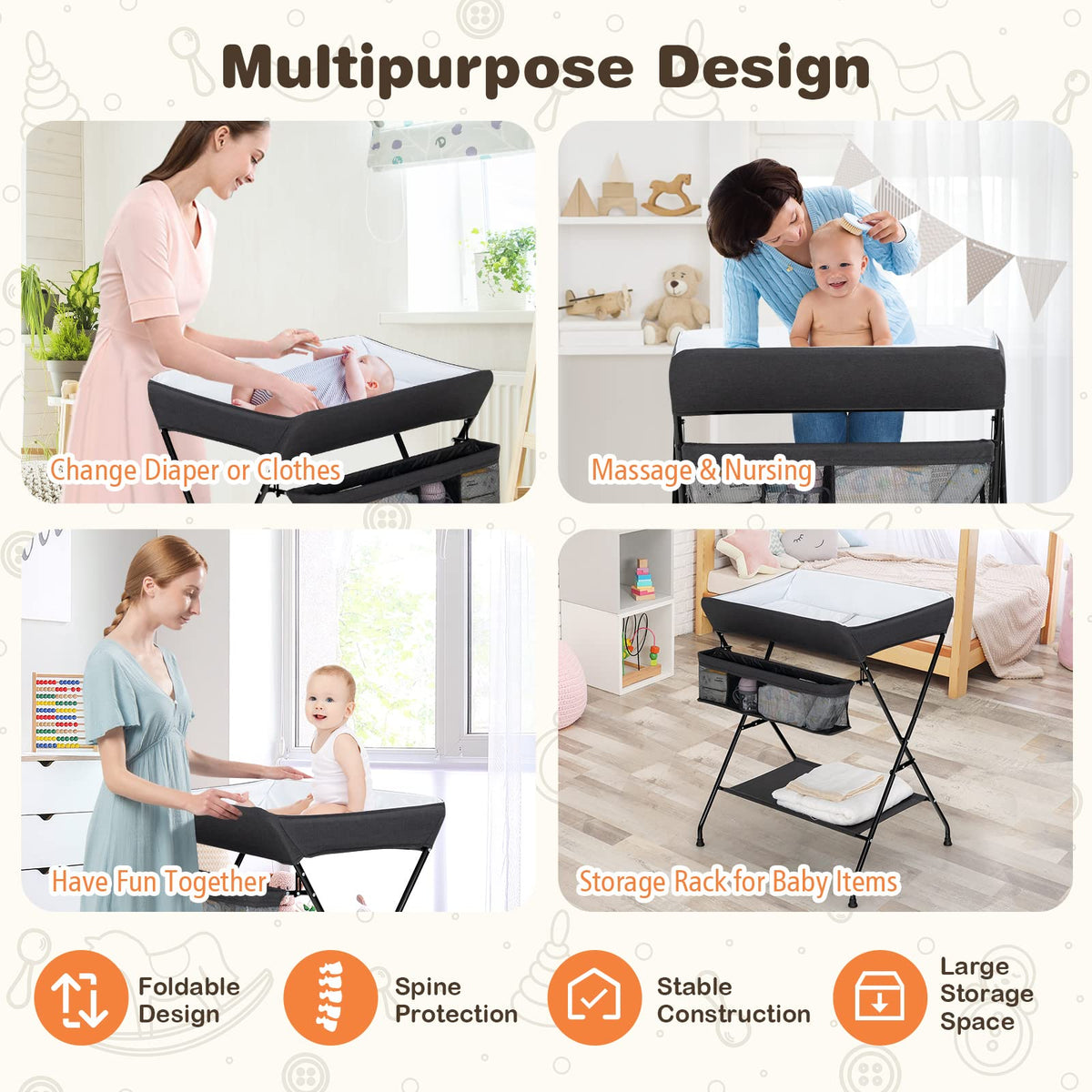 Portable Baby Changing Table with Safety Belt Black V5944