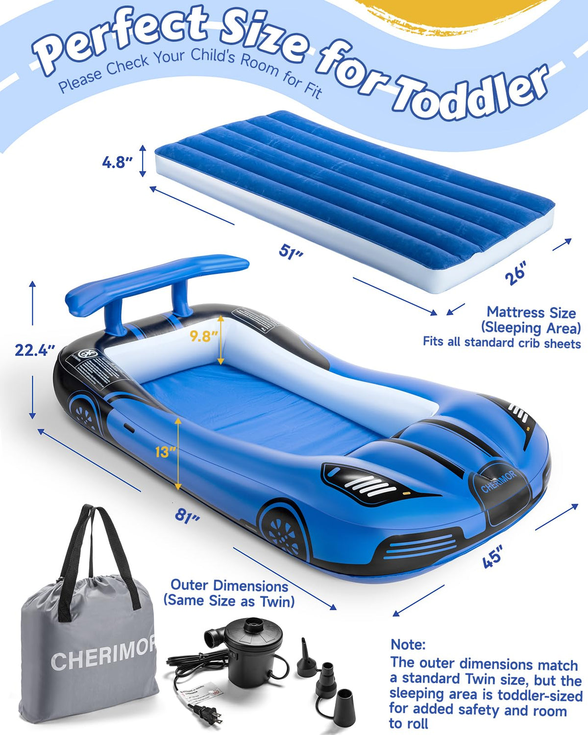 Inflatable Toddler Travel Bed with Safety Bumpers & Auto Pump P93268