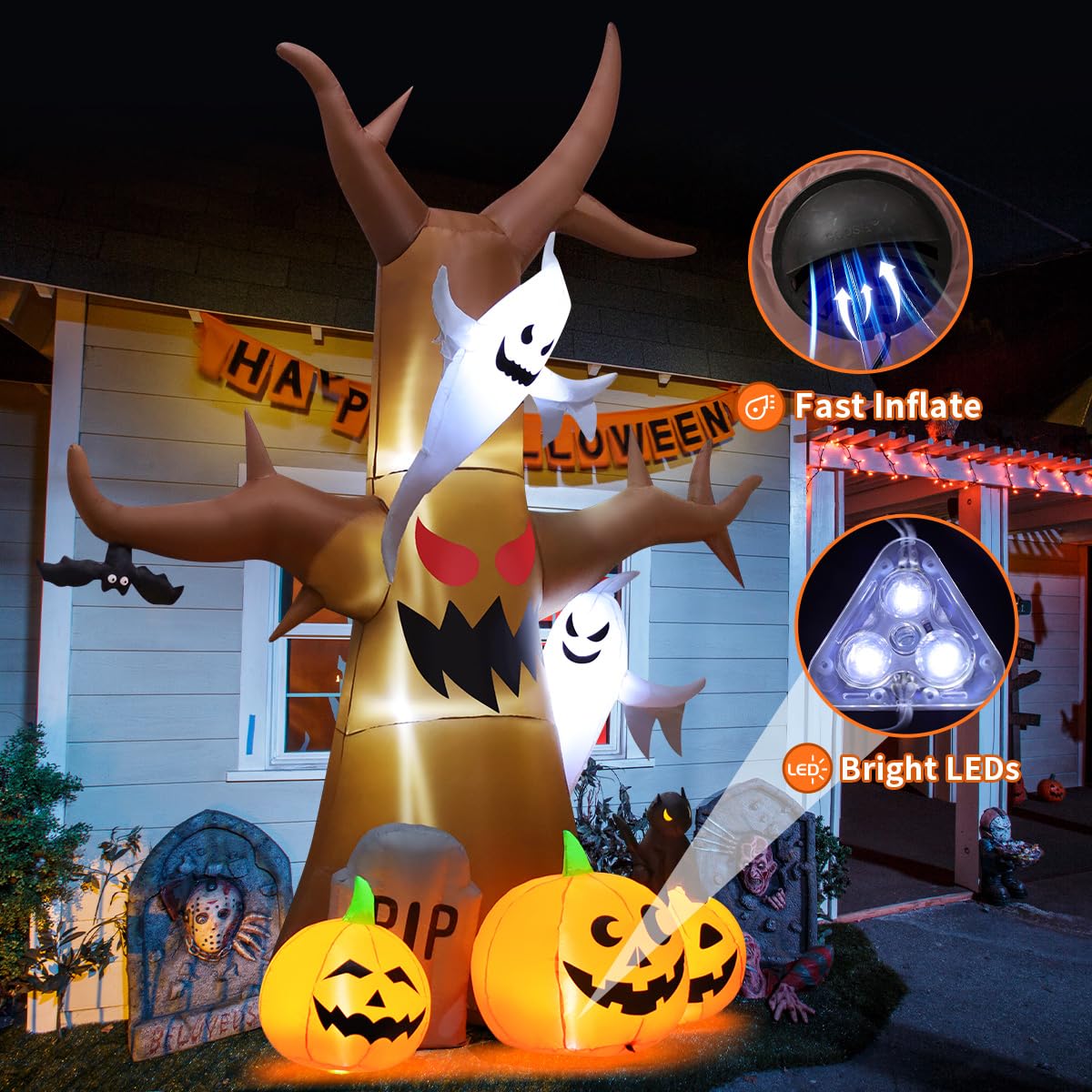 12 FT Halloween Inflatable Tree with Pumpkin Ghost Tombstone Built-in LEDs B3614