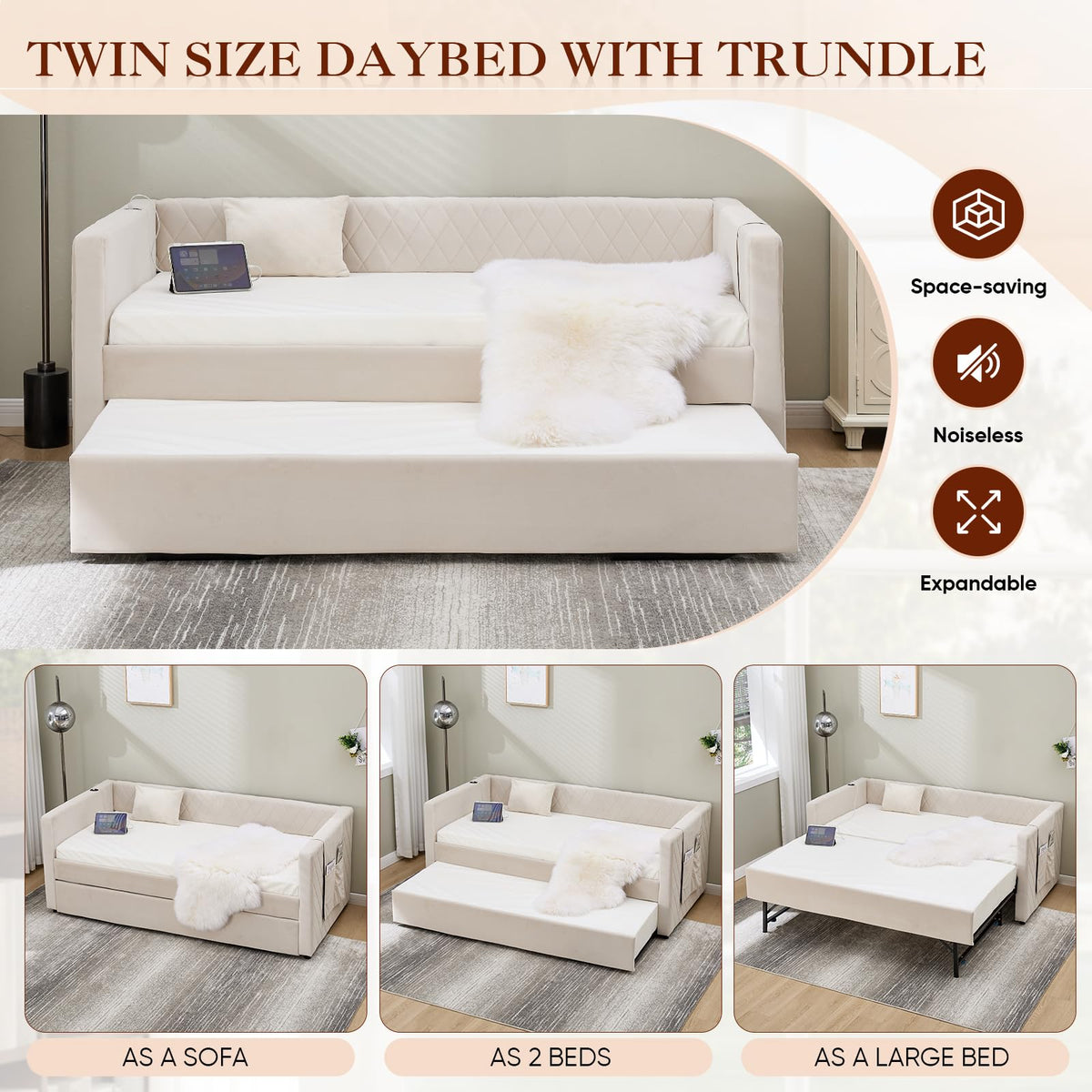 Twin Size Velvet Upholstered Daybed with Trundle O8578
