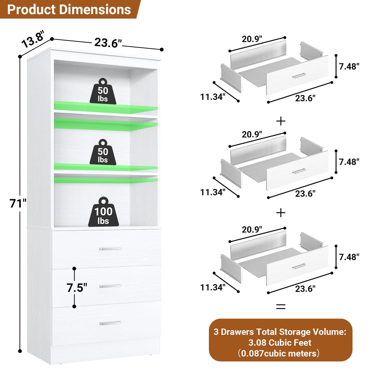 23.6" White Closet Drawers System with 3 Drawers Q509862