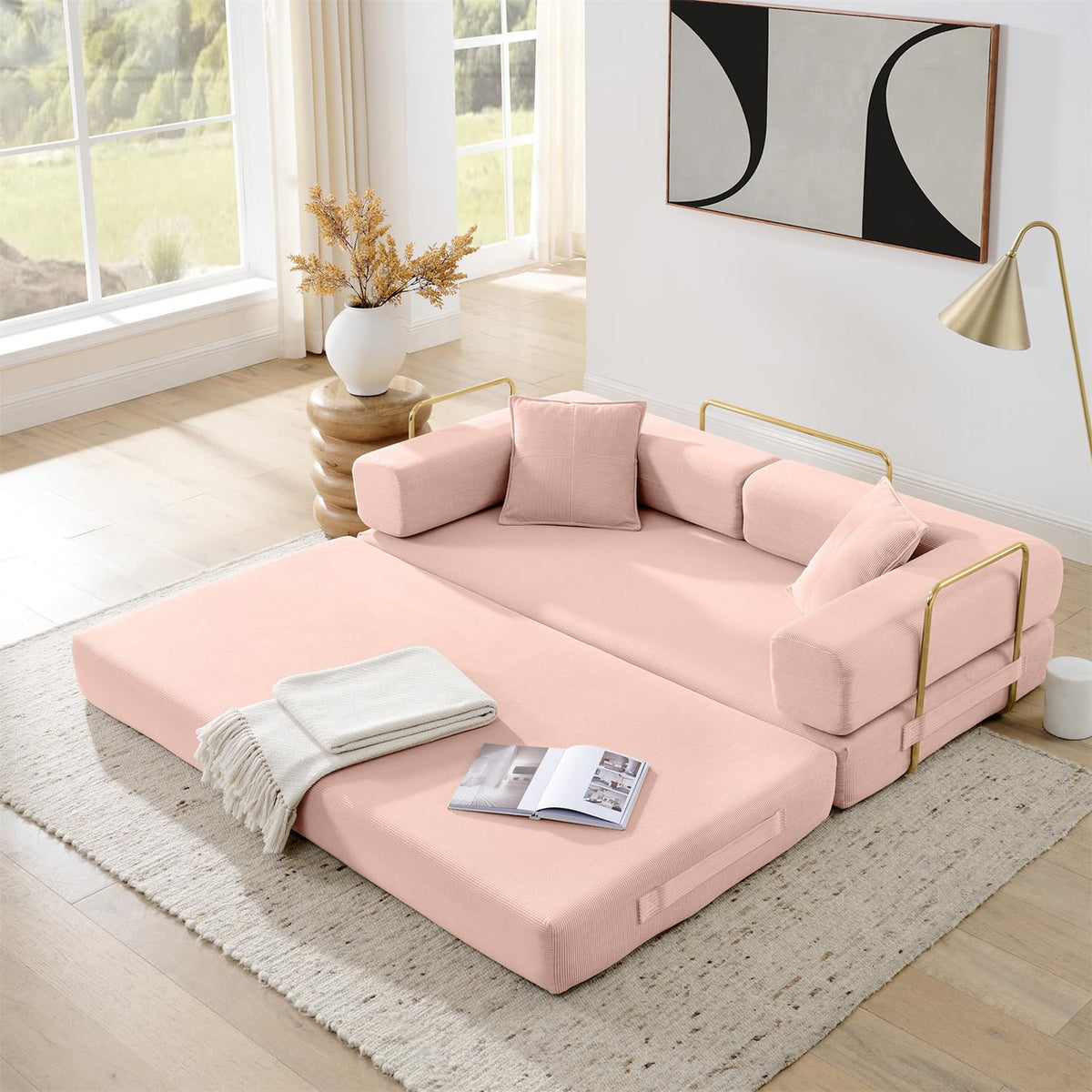 Pink Corduroy Convertible Sofa Bed X4052