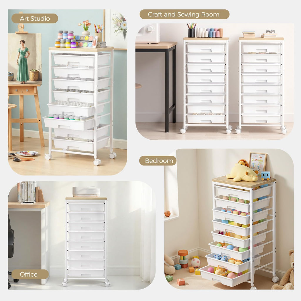 White 8 Drawer Rolling Storage Cart with Wooden Tabletop Q542
