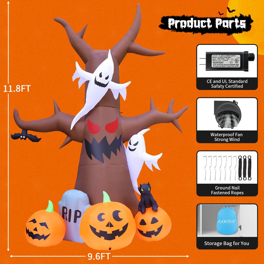 12 FT Halloween Inflatable Tree with Pumpkin Ghost Tombstone Built-in LEDs B3614