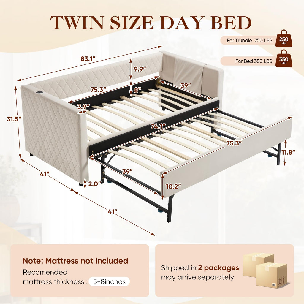 Twin Size Velvet Upholstered Daybed with Trundle O8578