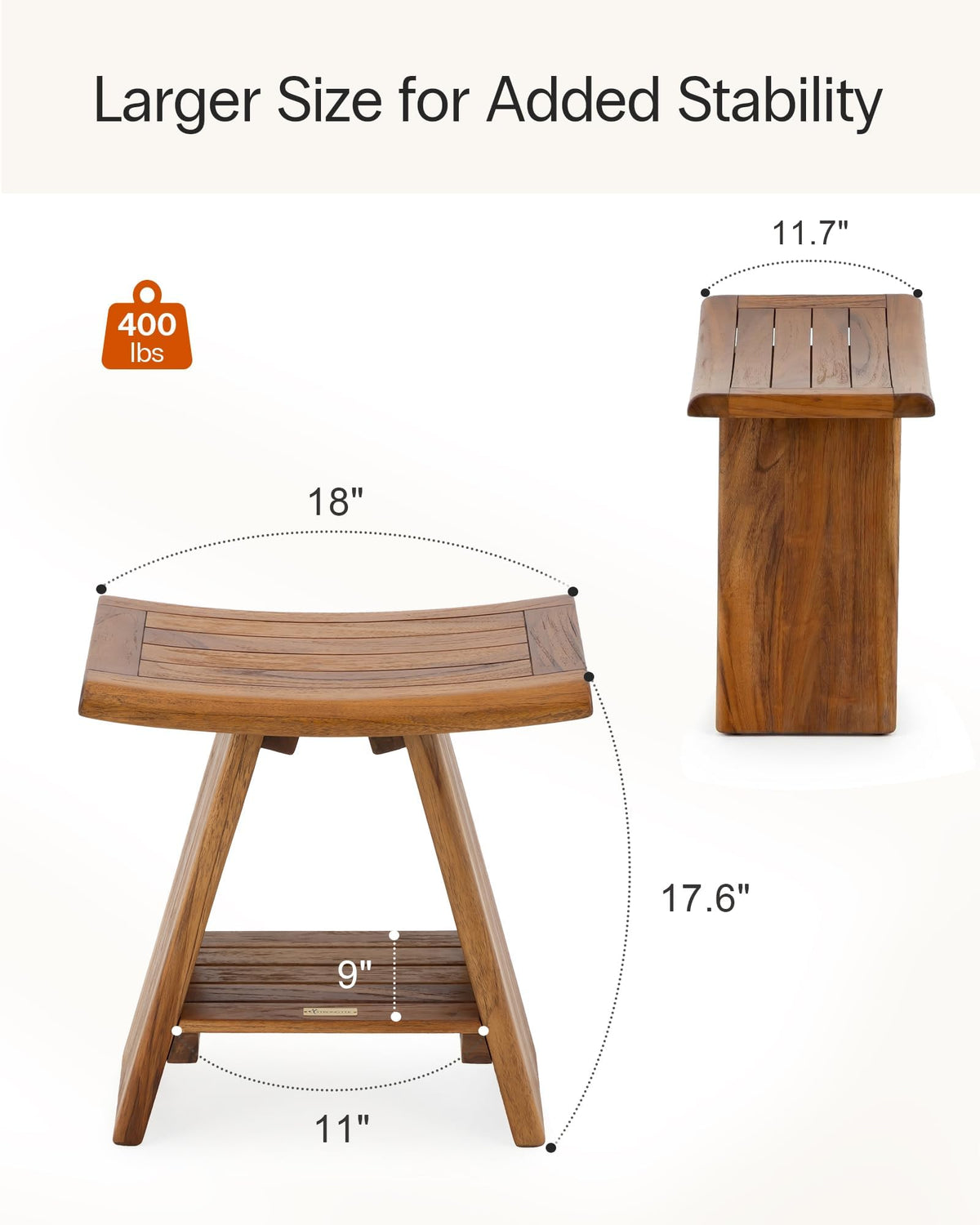Teak Shower Stool with Shelf, 18 in, 400 lb Capacity Q8650