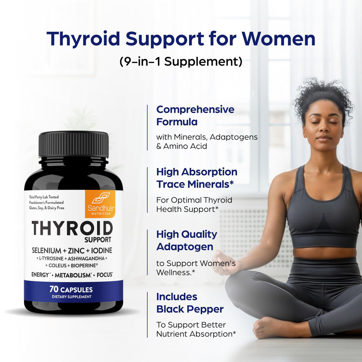 Thyroid Support with Selenium, Zinc, Iodine, L Tyrosine, Ashwagandha, 70 Count (Pack of 2) X16507