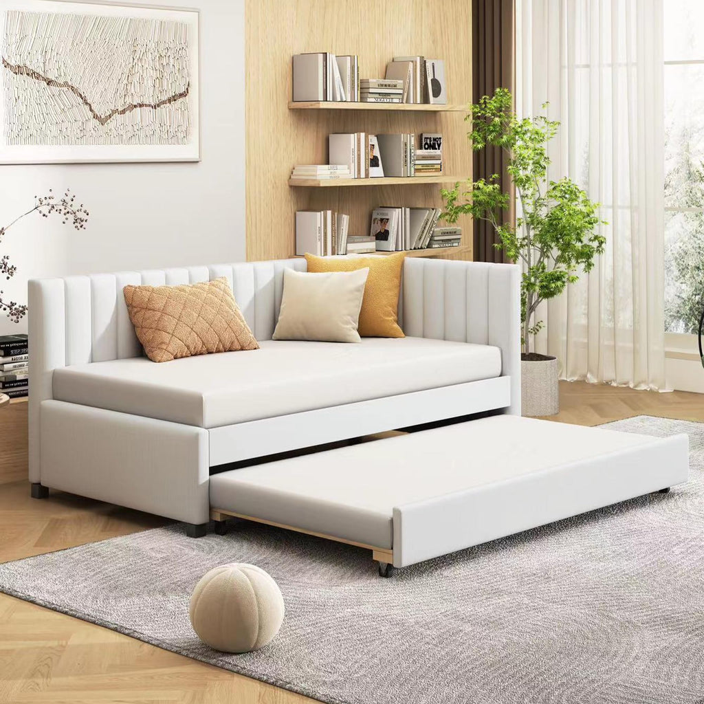 Beige Linen Twin Daybed with Pull-Out Trundle H921