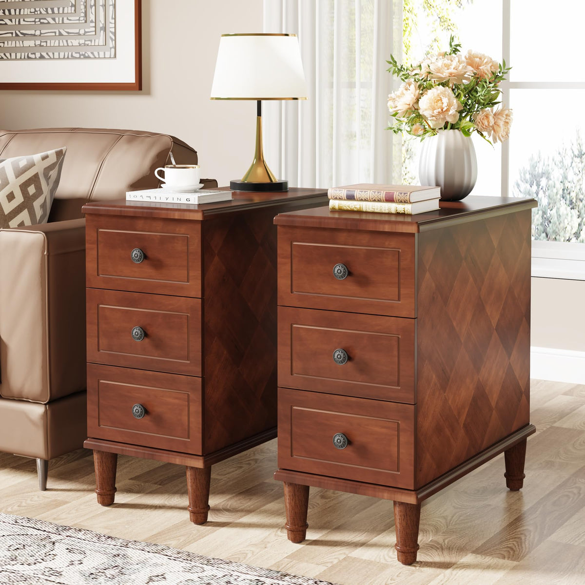 Solid Wood End Table Set of 2 with Drawers Q239