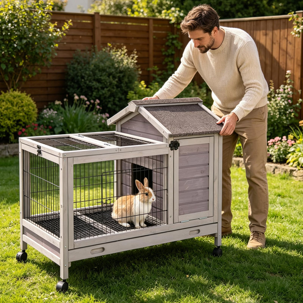 Wooden Rabbit Cage with Pull Out Tray and Wheels N483