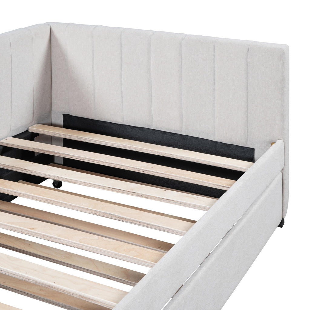 Beige Linen Twin Daybed with Pull-Out Trundle H921