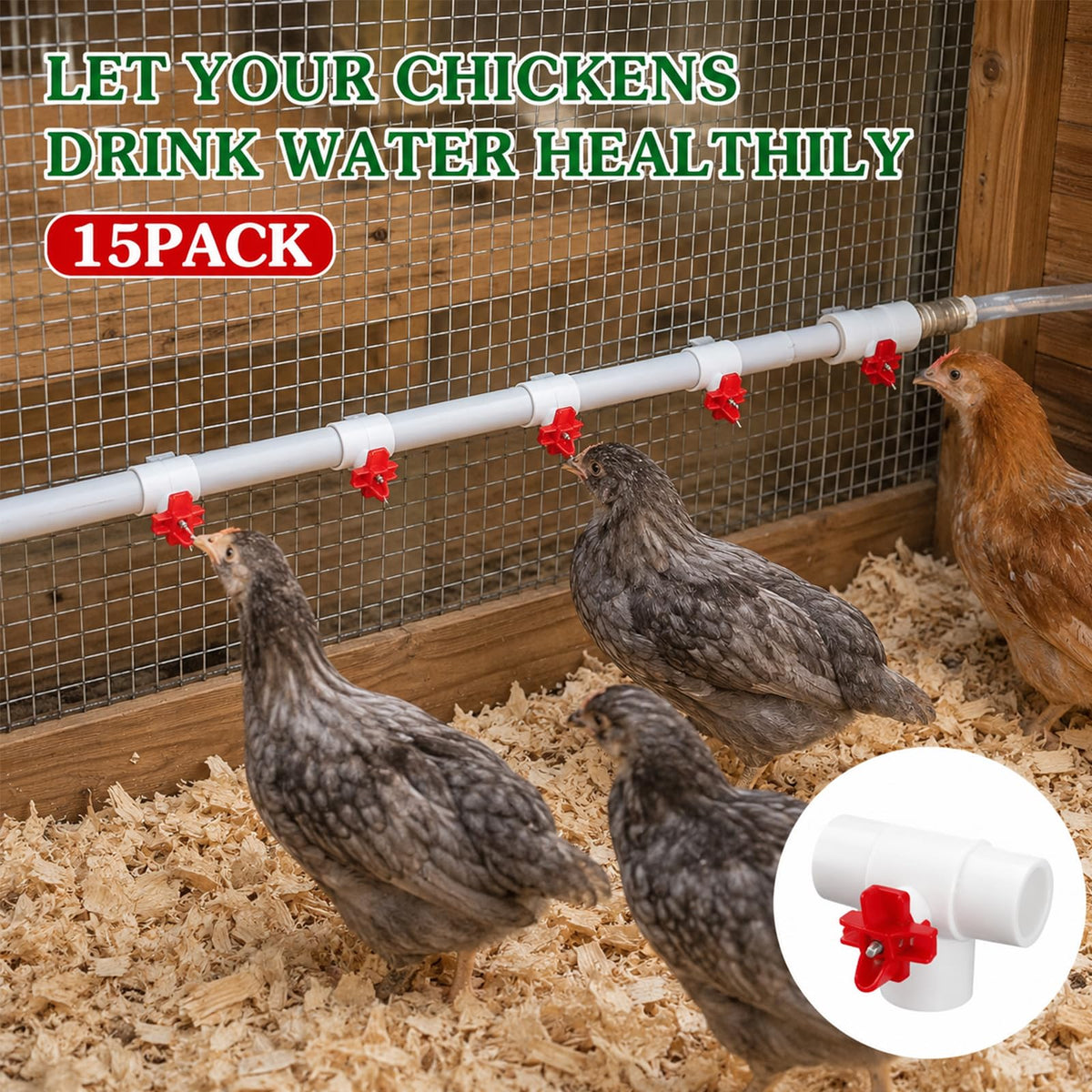 15 Pack Chicken Nipples Waterer with PVC Tee Fittings P5075