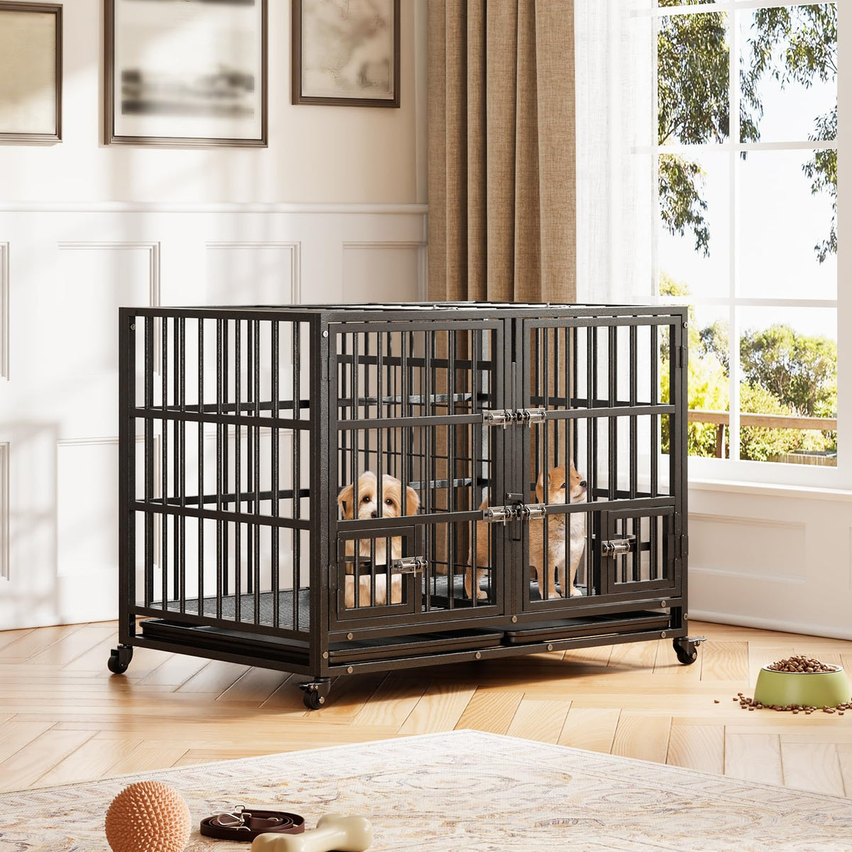 Heavy Duty Metal Dog Crate with Removable Tray and Wheels H12040