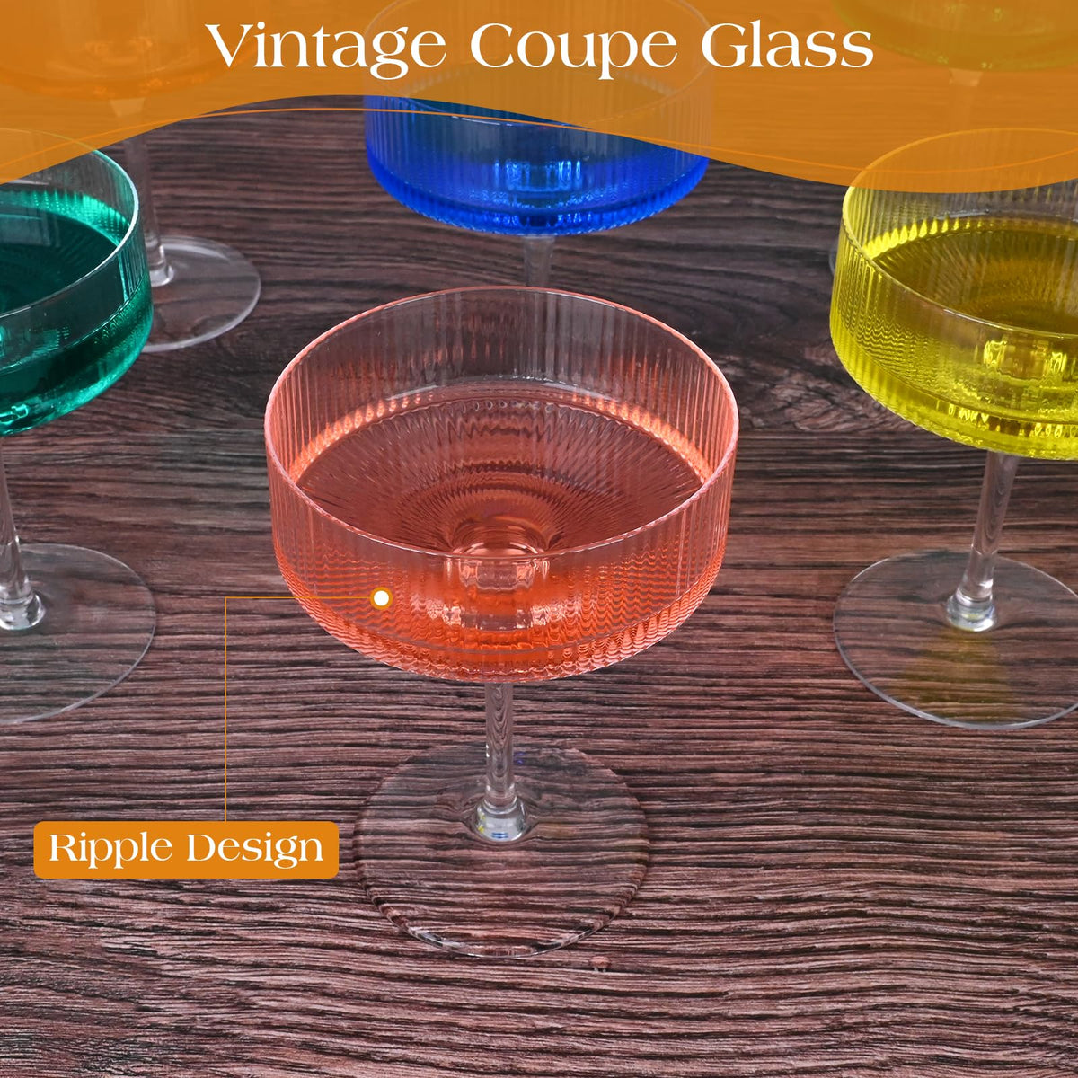 Ribbed Coupe Glasses Set of 6 Crystal Handmade 10Oz A8260