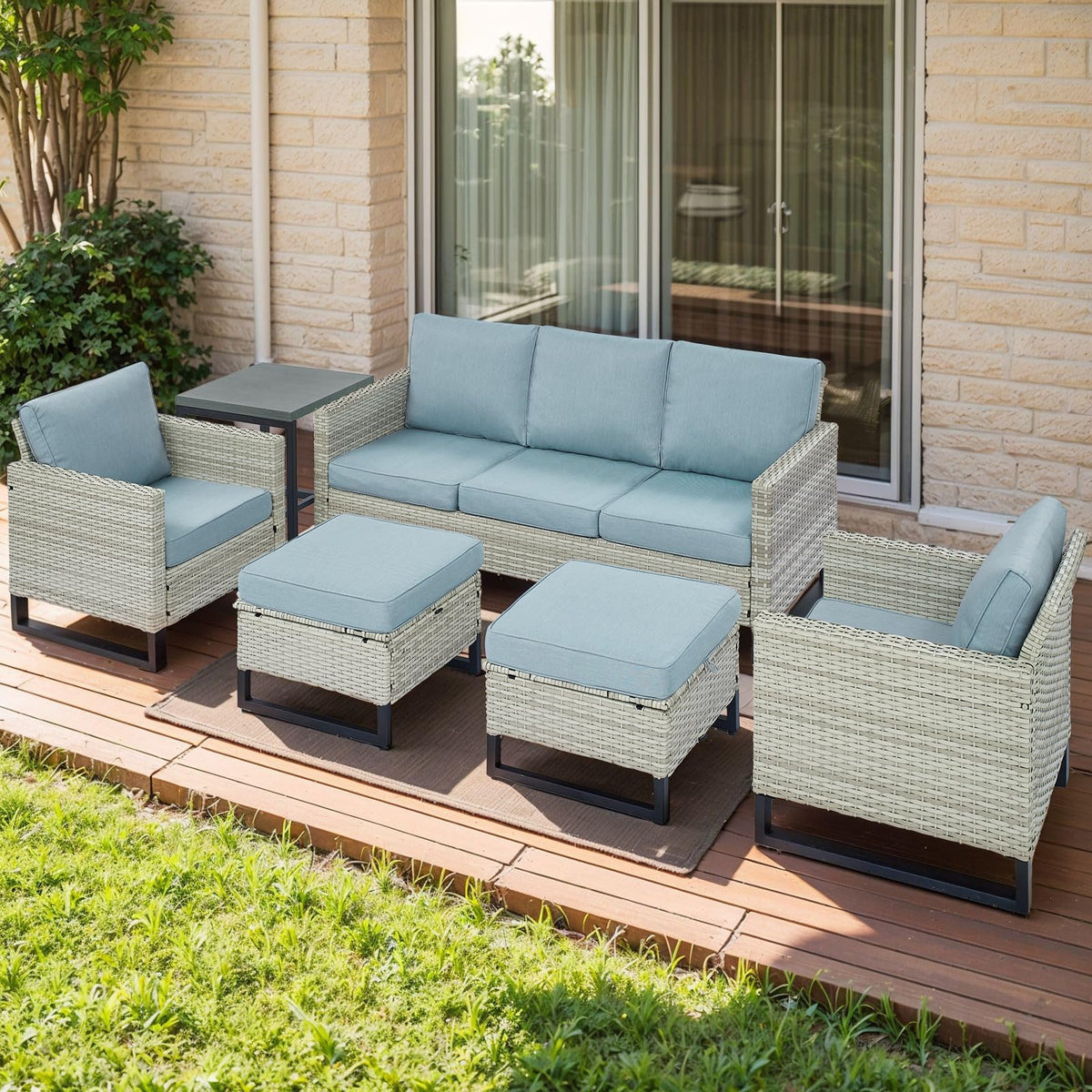 6 Piece Wicker Patio Conversation Set with Couch and Side Table I90479