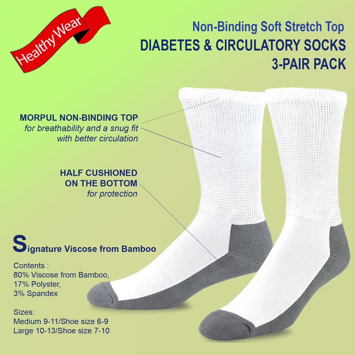 Viscose Bamboo Diabetic Crew Socks 3-Pairs Black G296