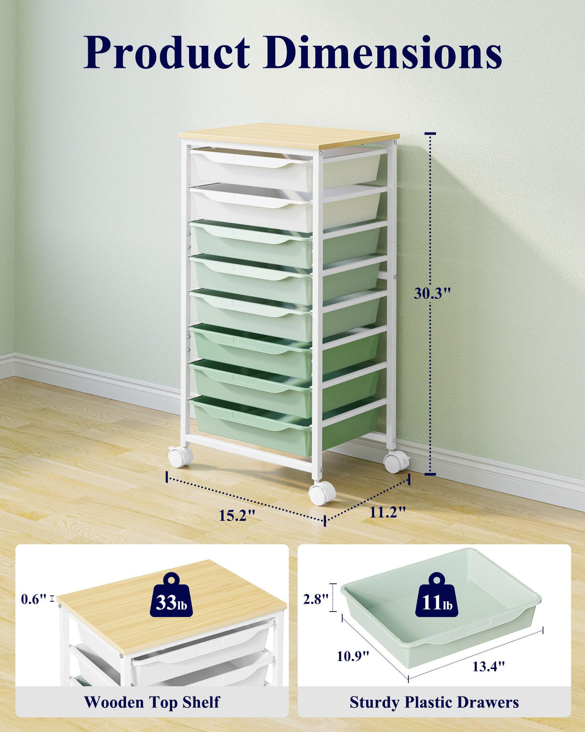 Green 8 Drawer Rolling Storage Cart V592